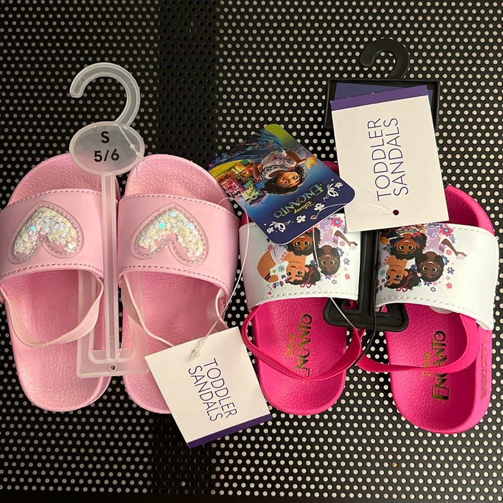 2 Pair Toddler Girl’s S 5/6 * Pink Sandals with Heart and Encanto with Elastic *